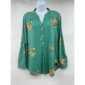 Anthropologie Olive Hill Turquoise  Embroidered Medium Button Down Women's
